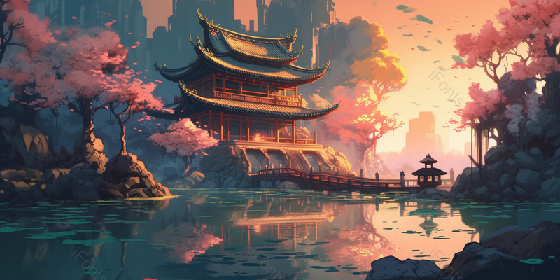 亭台湖边樱花自然景色背景,插画/手绘图,插画/手绘图库,插画/手绘图下载,插画/手绘